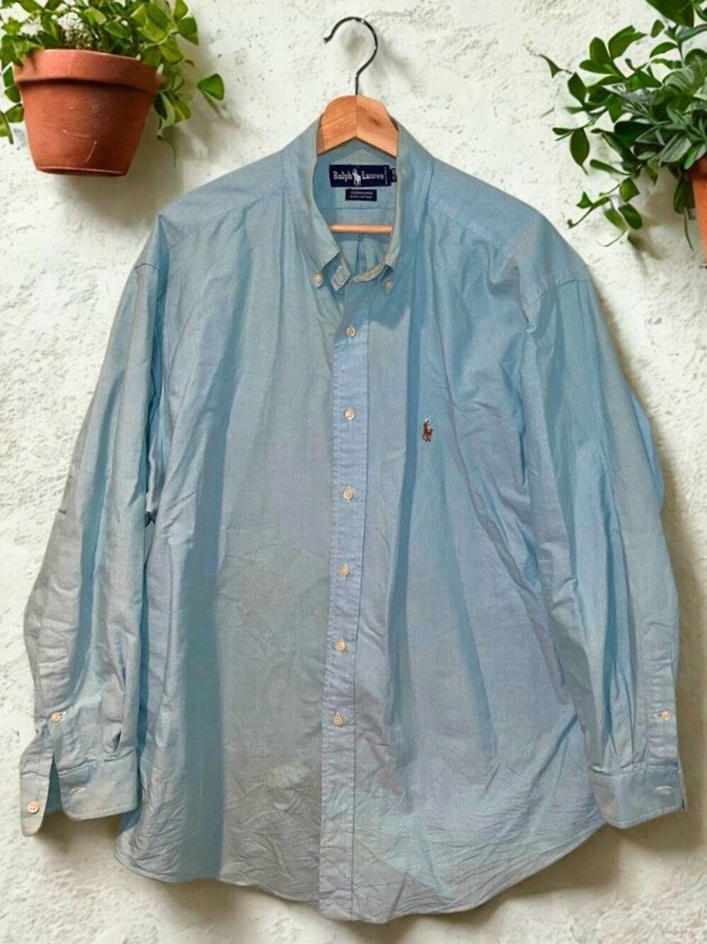 Ralph Lauren Yarmouth Dress Shirt Sz. 17 34 Blue Button Down 100% Cotton Vintage